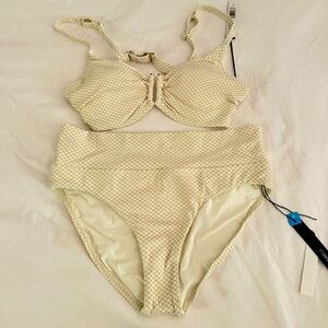 Textured High Waist Bikini Bottom and Bikini Top with Gold Detail